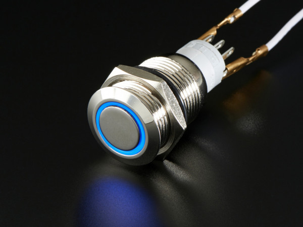 Rugged Metal Pushbutton with Blue LED Ring - 16mm Blue Momentary